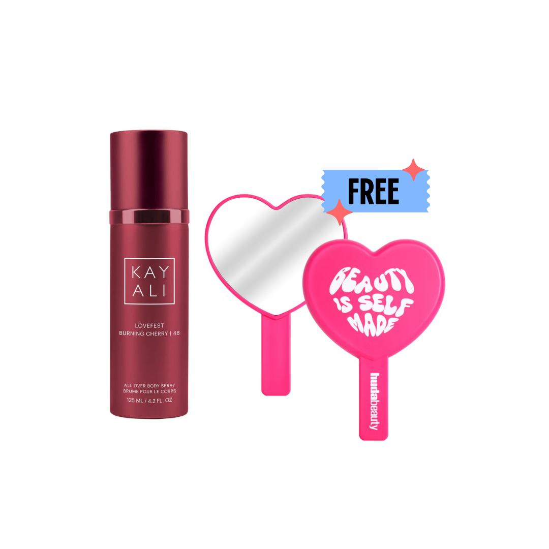 Kayali Lovefest Burning Cherry | 48 Body Spray+ FREE Huda Beauty Heart Shaped Mirror